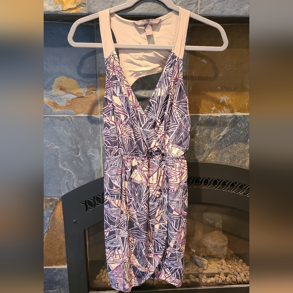 Charlie Jade Tan Blue Purple Geometric Print Silk Racerback Faux Wrap Midi Dress